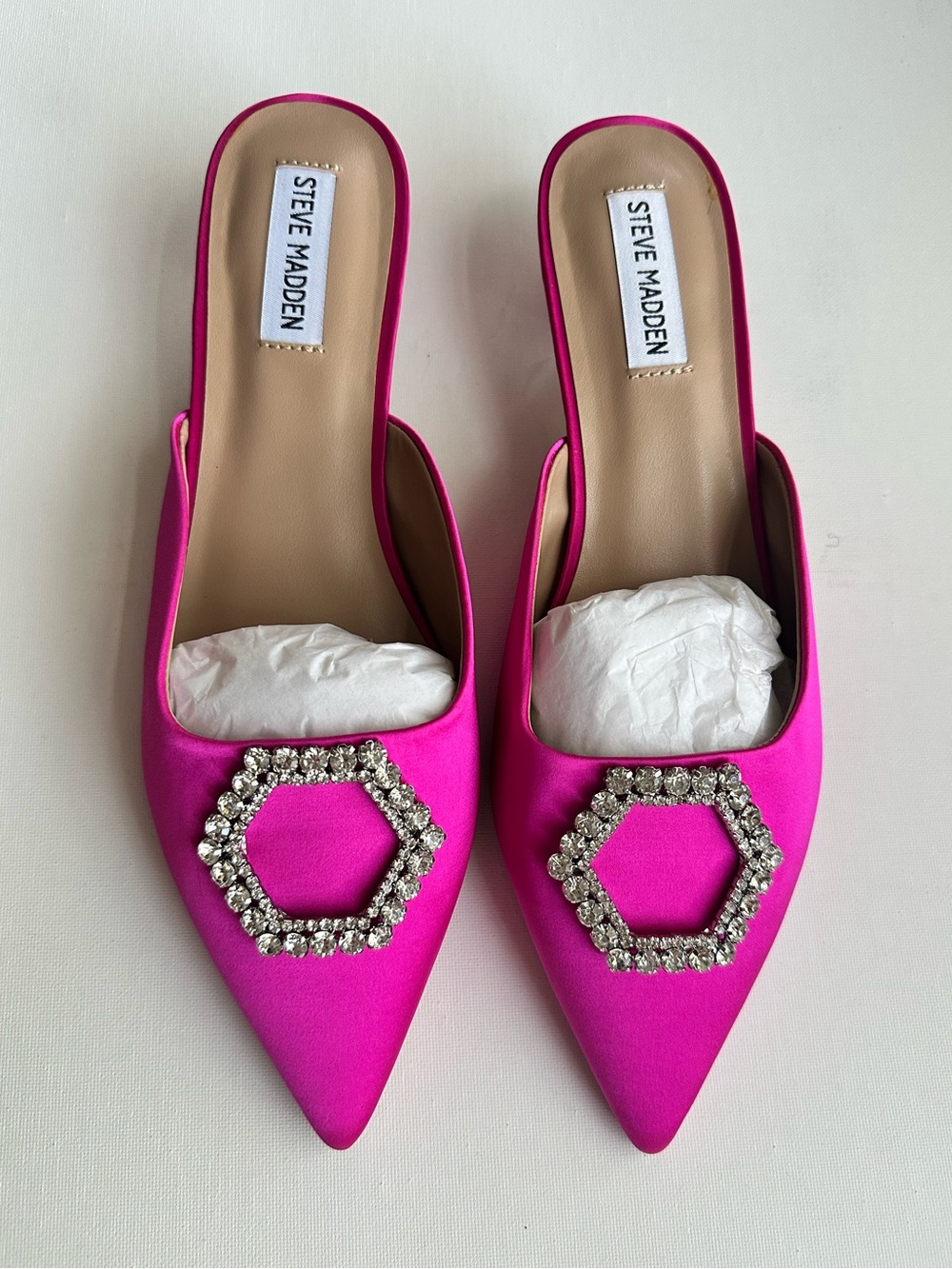 Steve Madden Hot Pink Pointed Toe Satin Mules with Crystal Hexagon
